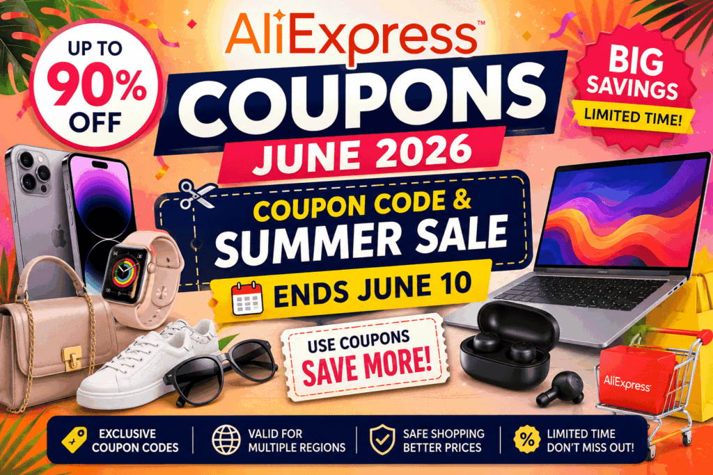 AliExpress Coupons June 2026 Summer Sale banner showing smartphones, laptops, earbuds, smartwatch, and fashion accessories with discount offers and coupon codes