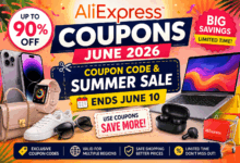 AliExpress Coupons June 2026 Summer Sale banner showing smartphones, laptops, earbuds, smartwatch, and fashion accessories with discount offers and coupon codes