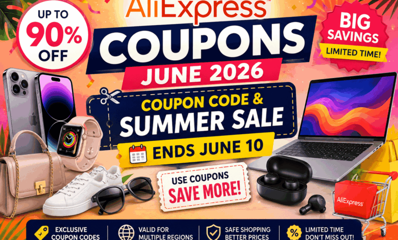 AliExpress Coupons June 2026 Summer Sale banner showing smartphones, laptops, earbuds, smartwatch, and fashion accessories with discount offers and coupon codes