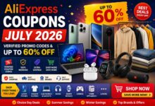 AliExpress Coupons July 2026 featured image showing verified promo codes, up to 60% off, smartphones, fashion, electronics, laptops, and shopping deals.