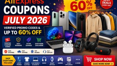 AliExpress Coupons July 2026 featured image showing verified promo codes, up to 60% off, smartphones, fashion, electronics, laptops, and shopping deals.