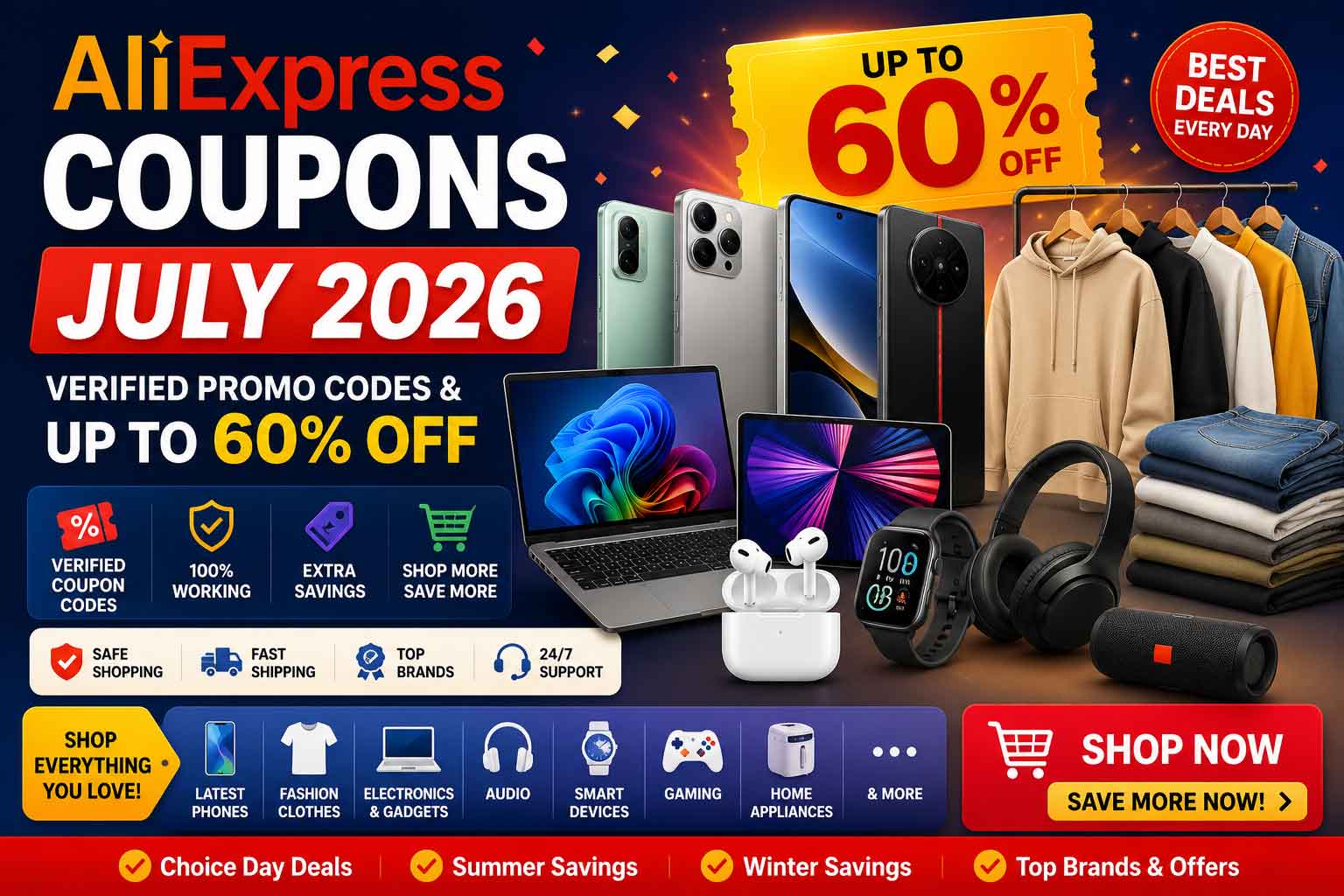 AliExpress Coupons July 2026 with verified promo codes, discount offers, latest phones, clothes, laptops, and electronics during the Summer Savings sale.