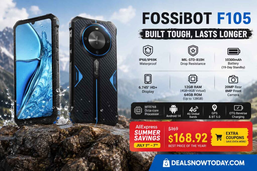 FOSSiBOT F105 rugged smartphone review showing IP68 waterproof design, 10300mAh battery, Android 14, and AliExpress Summer Savings deal