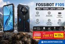 FOSSiBOT F105 rugged smartphone review showing IP68 waterproof design, 10300mAh battery, Android 14, and AliExpress Summer Savings deal