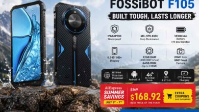 FOSSiBOT F105 rugged smartphone review showing IP68 waterproof design, 10300mAh battery, Android 14, and AliExpress Summer Savings deal