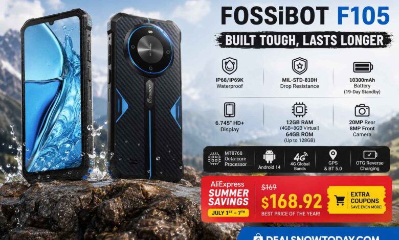 FOSSiBOT F105 rugged smartphone review showing IP68 waterproof design, 10300mAh battery, Android 14, and AliExpress Summer Savings deal