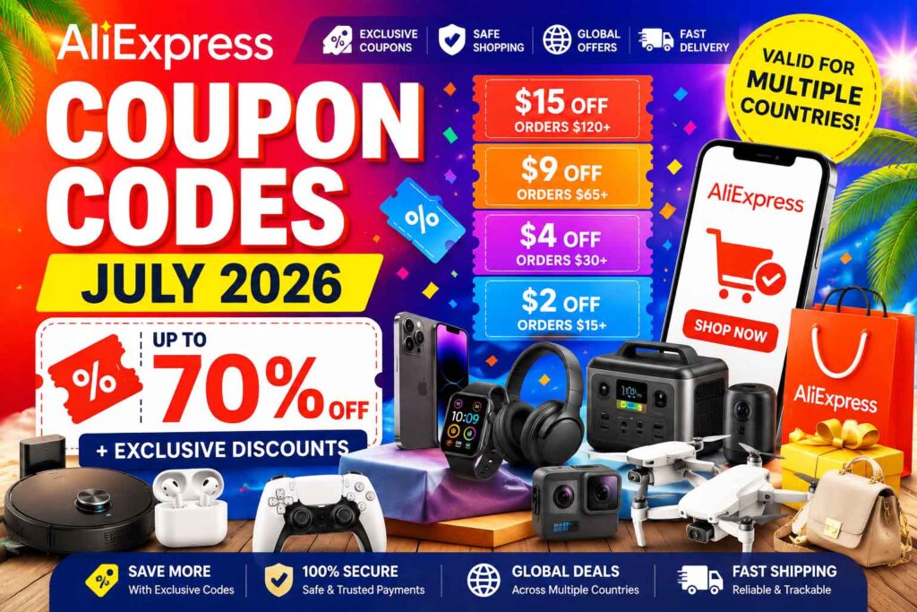 AliExpress Coupon Codes July 2026 Vacation Sale with promo codes and up to 60% off deals