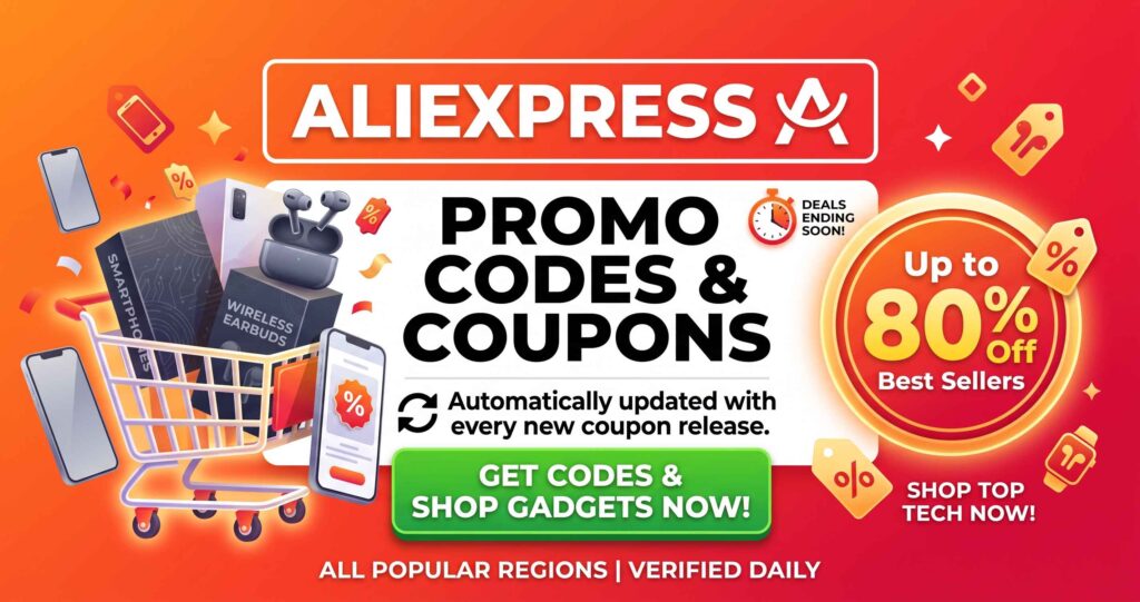 Promotional graphic for AliExpress promo codes and coupons, showing a shopping cart filled with smartphones and wireless earbuds, highlighting up to 80% off best sellers and automatically updated daily deals.