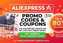Promotional graphic for AliExpress promo codes and coupons, showing a shopping cart filled with smartphones and wireless earbuds, highlighting up to 80% off best sellers and automatically updated daily deals.