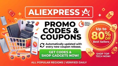 Promotional graphic for AliExpress promo codes and coupons, showing a shopping cart filled with smartphones and wireless earbuds, highlighting up to 80% off best sellers and automatically updated daily deals.