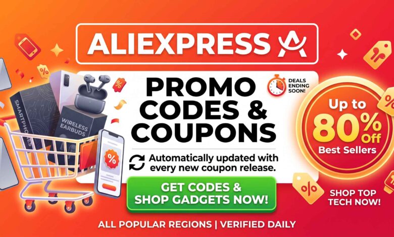 Promotional graphic for AliExpress promo codes and coupons, showing a shopping cart filled with smartphones and wireless earbuds, highlighting up to 80% off best sellers and automatically updated daily deals.