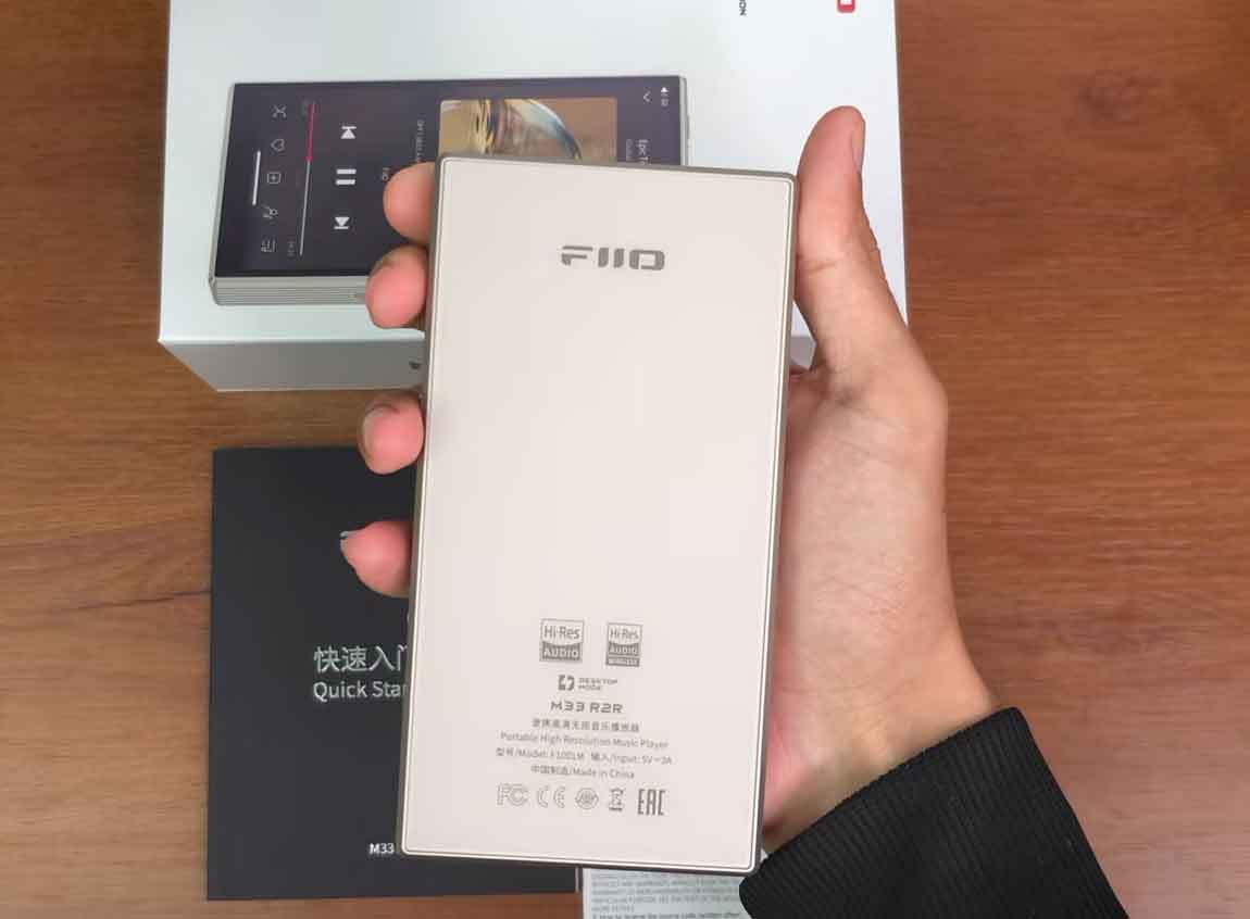 FiiO M33 R2R back panel showing Hi-Res Audio certification logos and model specifications
