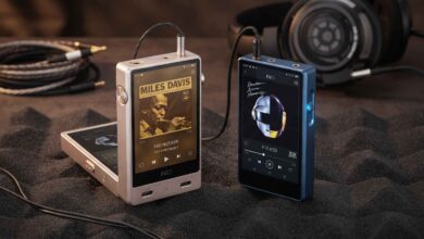 FiiO M33 R2R vs FiiO M23 portable digital audio players side-by-side on a desk