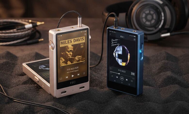 FiiO M33 R2R vs FiiO M23 portable digital audio players side-by-side on a desk