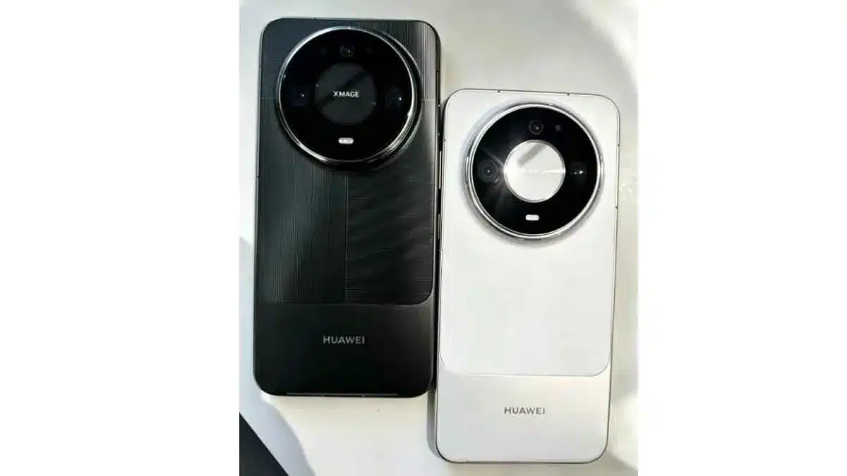 Huawei Mate 90 Pro Max in Obsidian Black and Snow White finishes showing circular XMAGE camera modules