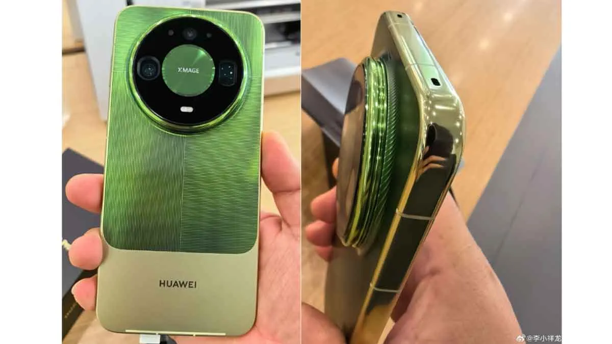 Huawei Mate 90 Pro Max side profile and rear view showing gold metallic frame and circular XMAGE camera bump