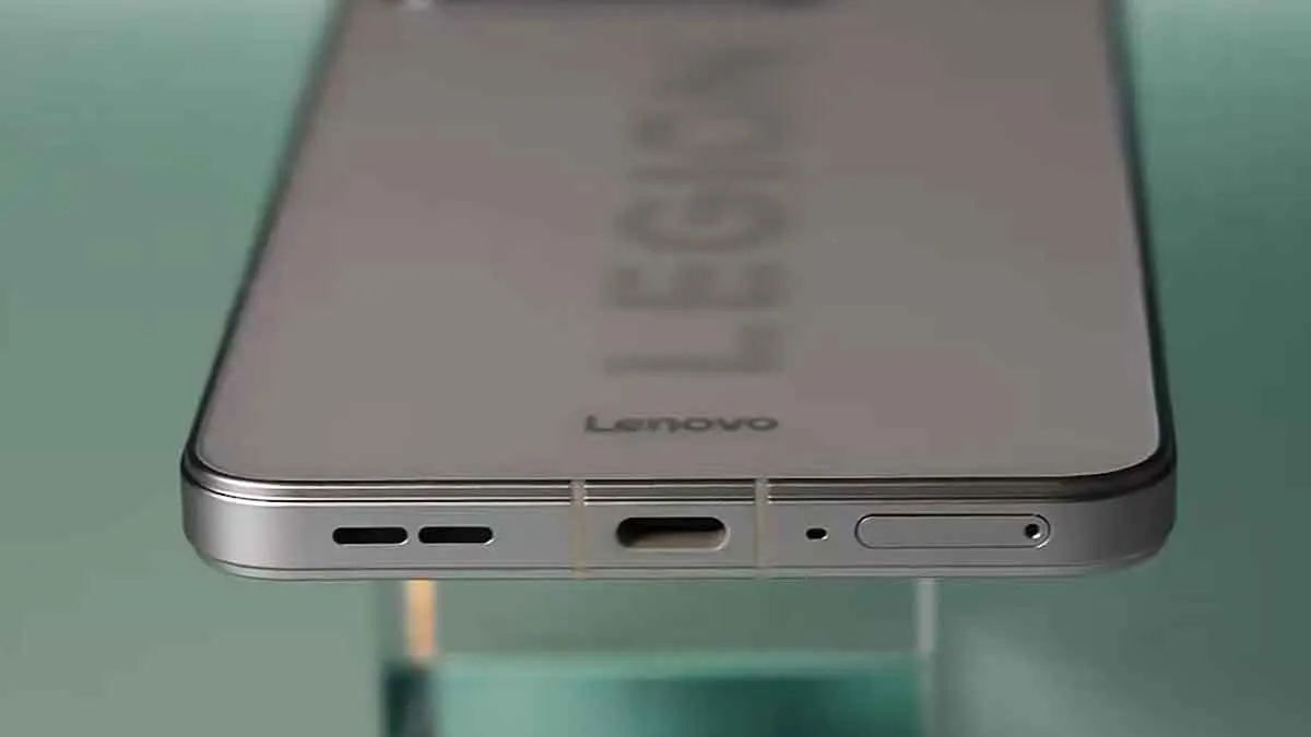 Lenovo Legion Y70 bottom edge view showing USB-C charging port, speaker grille, and SIM tray slot