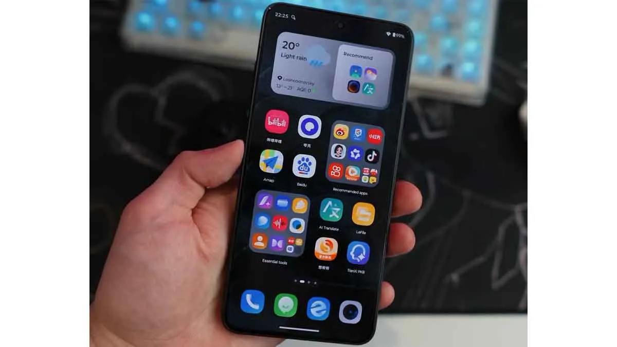 Lenovo Legion Y70 flat AMOLED front display powered on showing home screen widgets and centered hole-punch camera