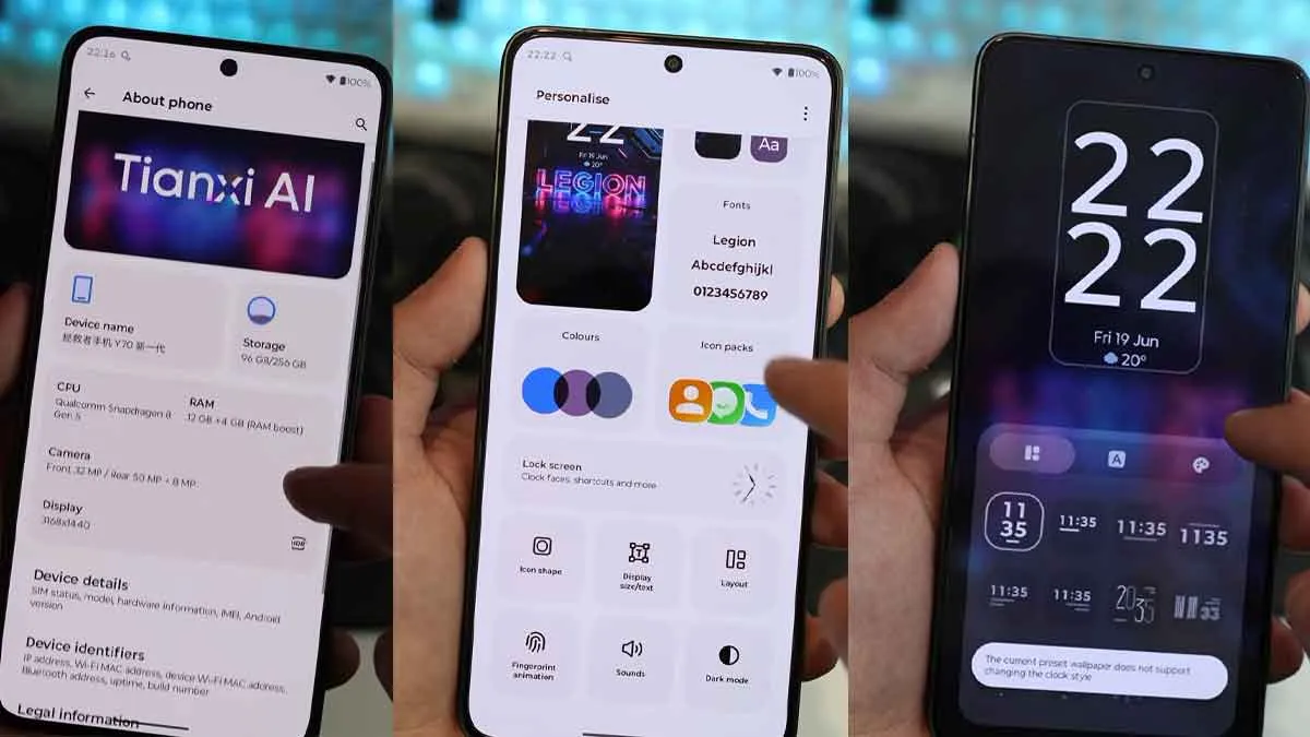 Lenovo Legion Y70 operating system showing Tianxi AI about phone specifications and lock screen customization