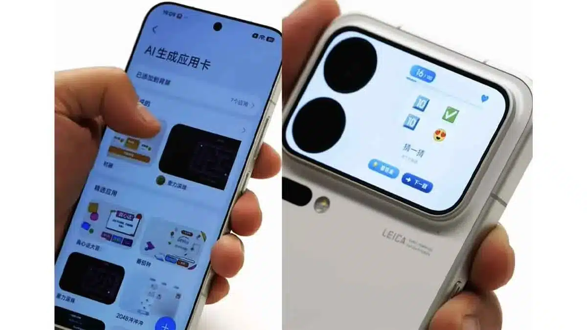 Xiaomi 18 Pro interface demonstrating AI generated widget cards on the secondary rear screen