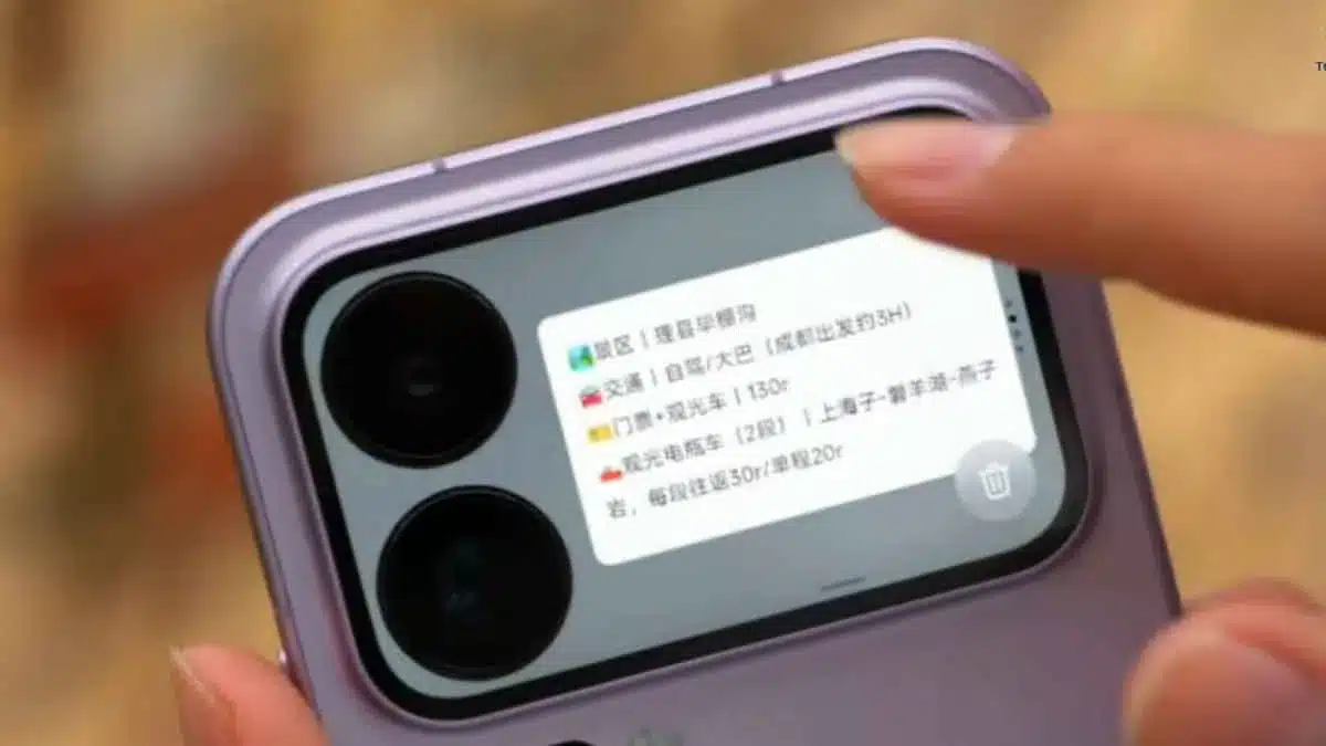 Finger navigating travel notes and daily itinerary cards on the Xiaomi 18 Pro back screen