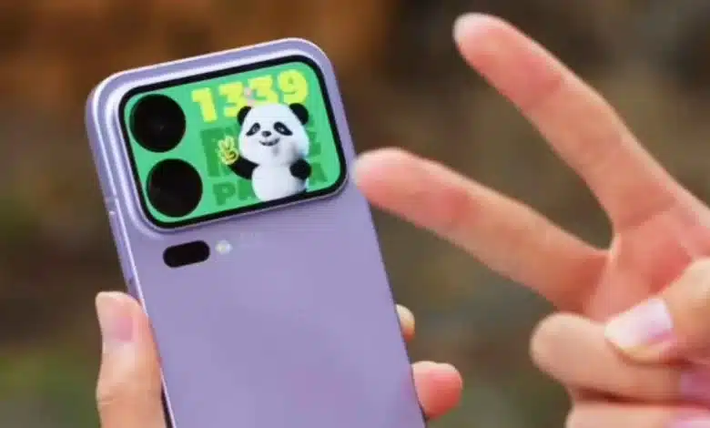 Xiaomi 18 Pro purple edition showing AI dynamic rear screen with animated 3D panda widget