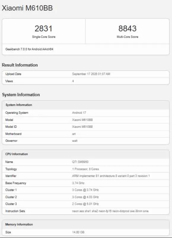 Xiaomi 18 Pro Geekbench listing revealing 2nm Snapdragon 8 Elite Gen 6 Pro benchmark scores
